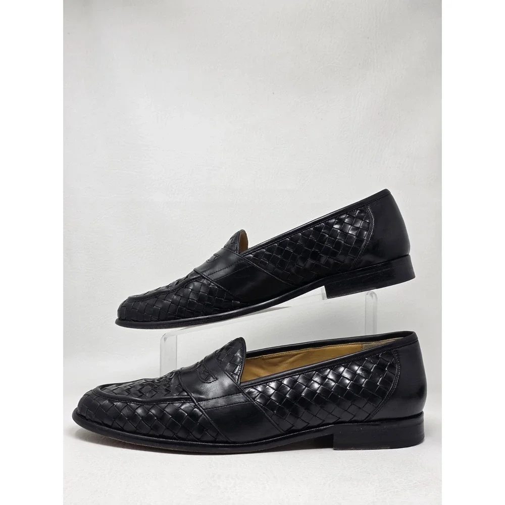 Vintage Johnston & Murphy Men Sz 13 Woven Leather Penny Loafers Crafted Classic